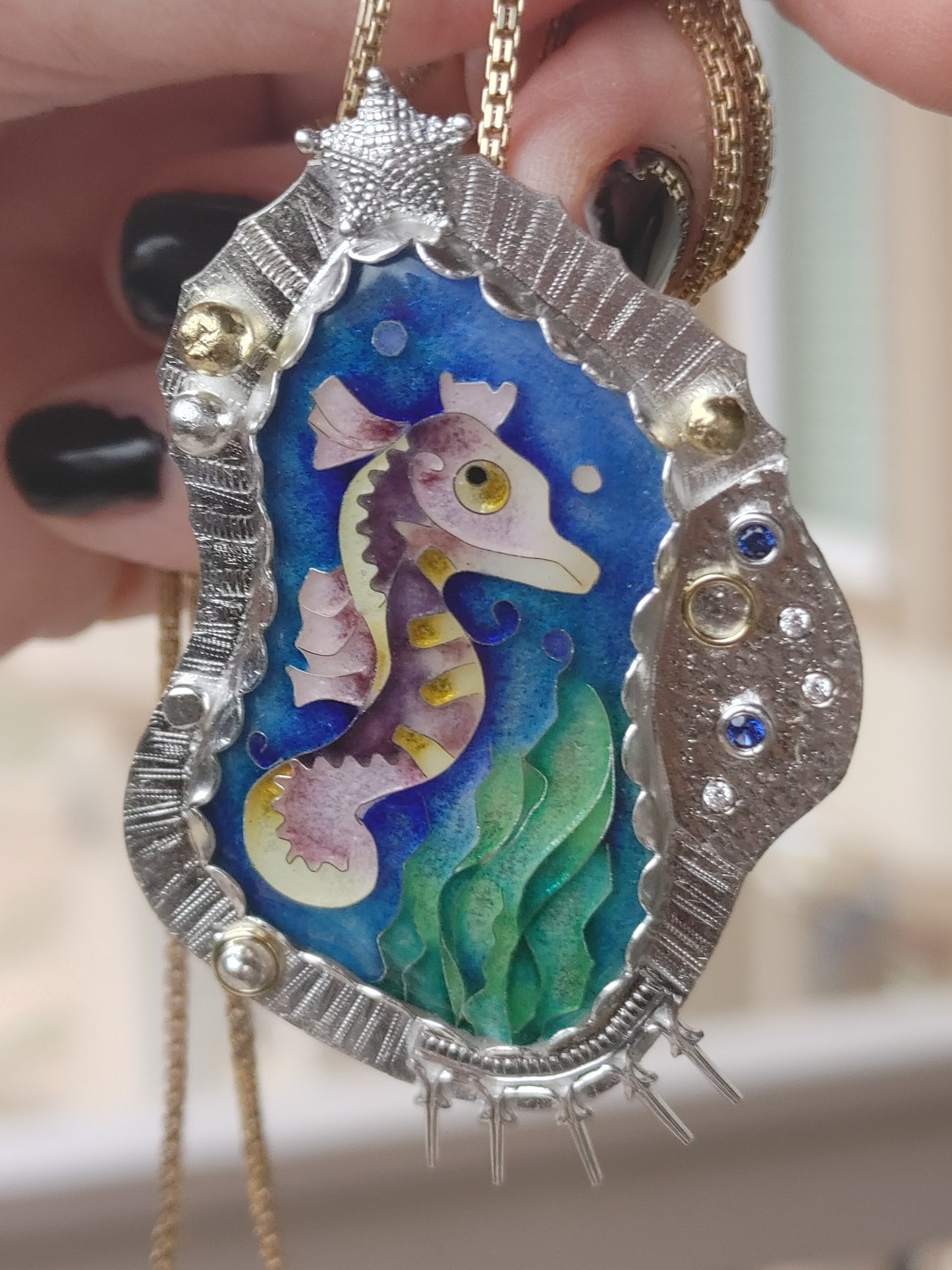 Enamel Cloisonne Seahorse Necklace Handmade 14K Gold Silver
