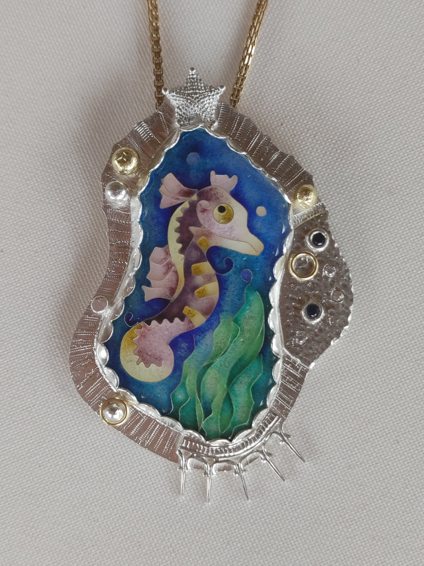 Enamel Cloisonne Seahorse Necklace Handmade 14K Gold Silver