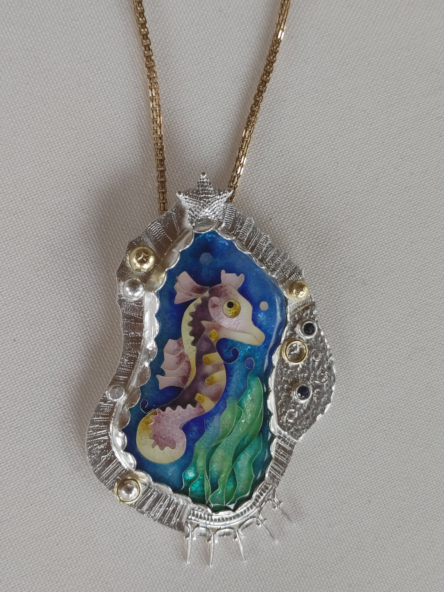 Enamel Cloisonne Seahorse Necklace Handmade 14K Gold Silver