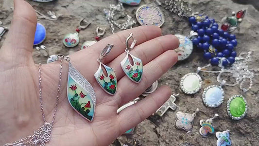 Cloisonne Enamel Tulip Flower Necklace Pendant Handmade