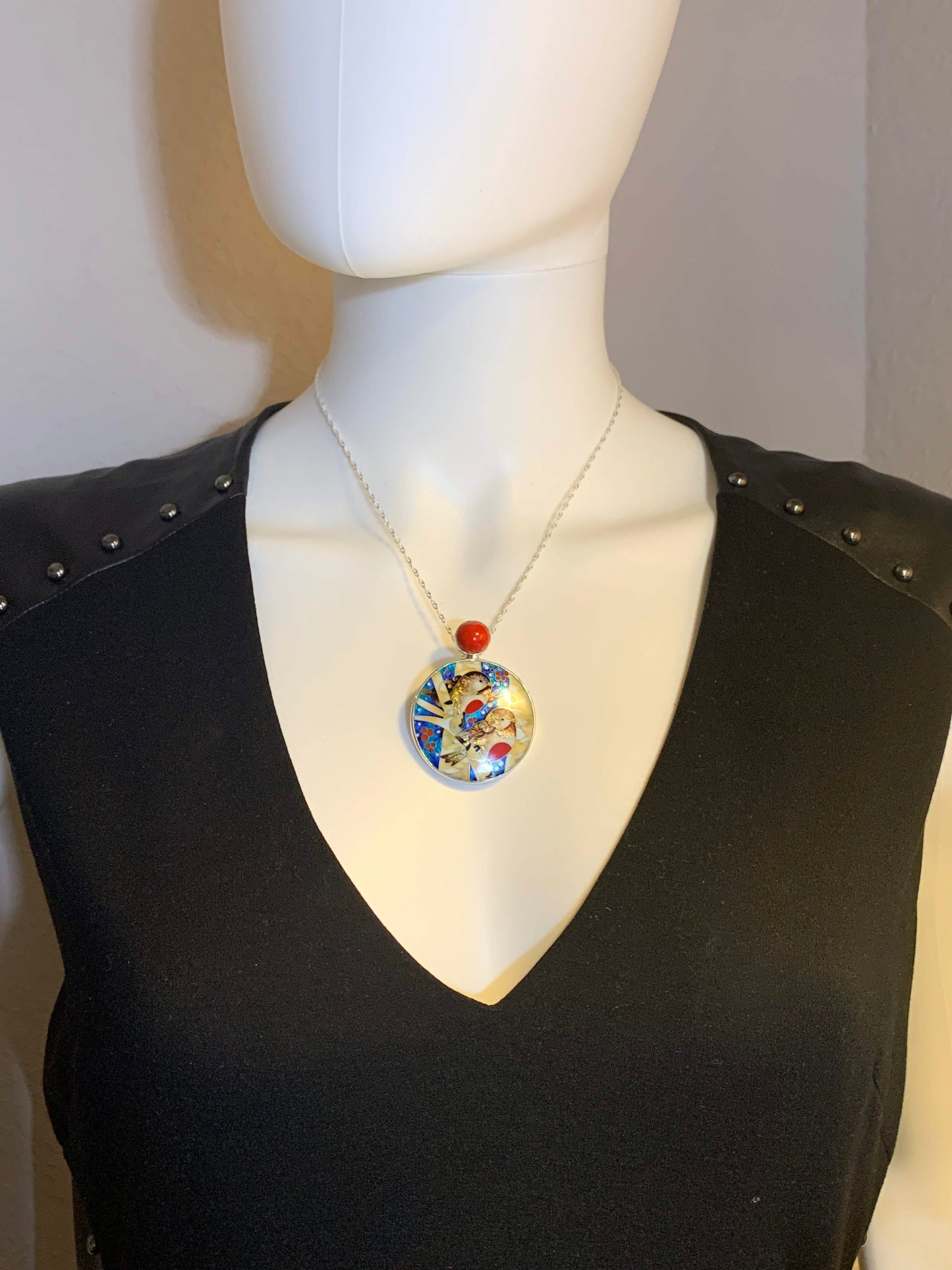 Handmade Cloisonne Glass Enamel Pendant/Brooch Bullfinch Winter Birds - ANARA & CO ENGRAVINGS - ANARA AND CO JEWELRY