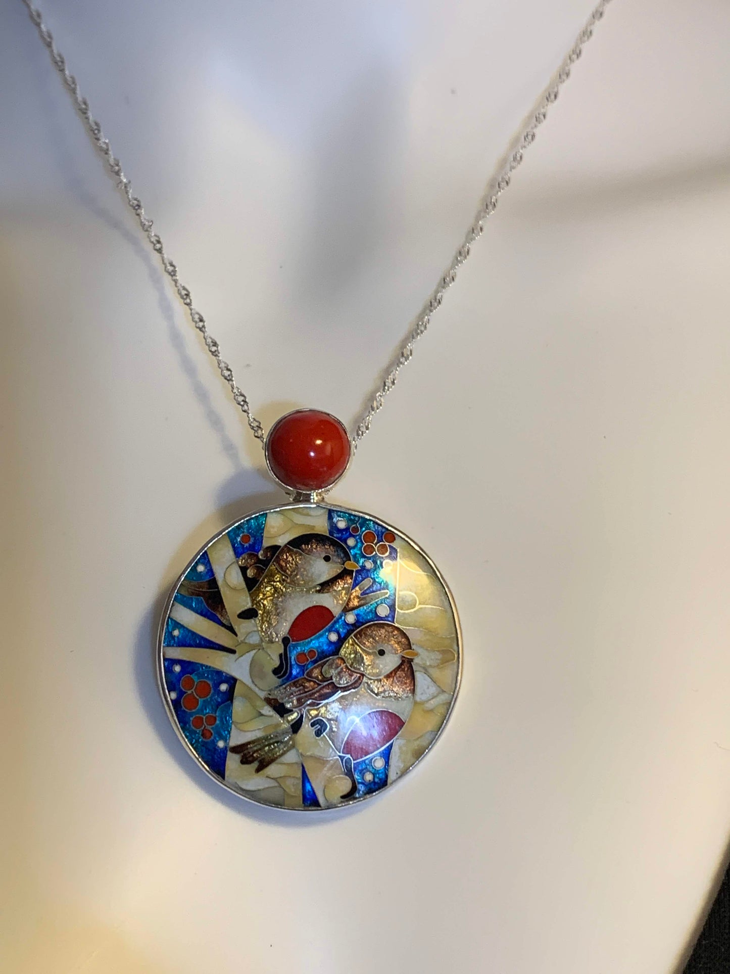 Handmade Cloisonne Glass Enamel Pendant/Brooch Bullfinch Winter Birds - ANARA & CO ENGRAVINGS - ANARA AND CO JEWELRY