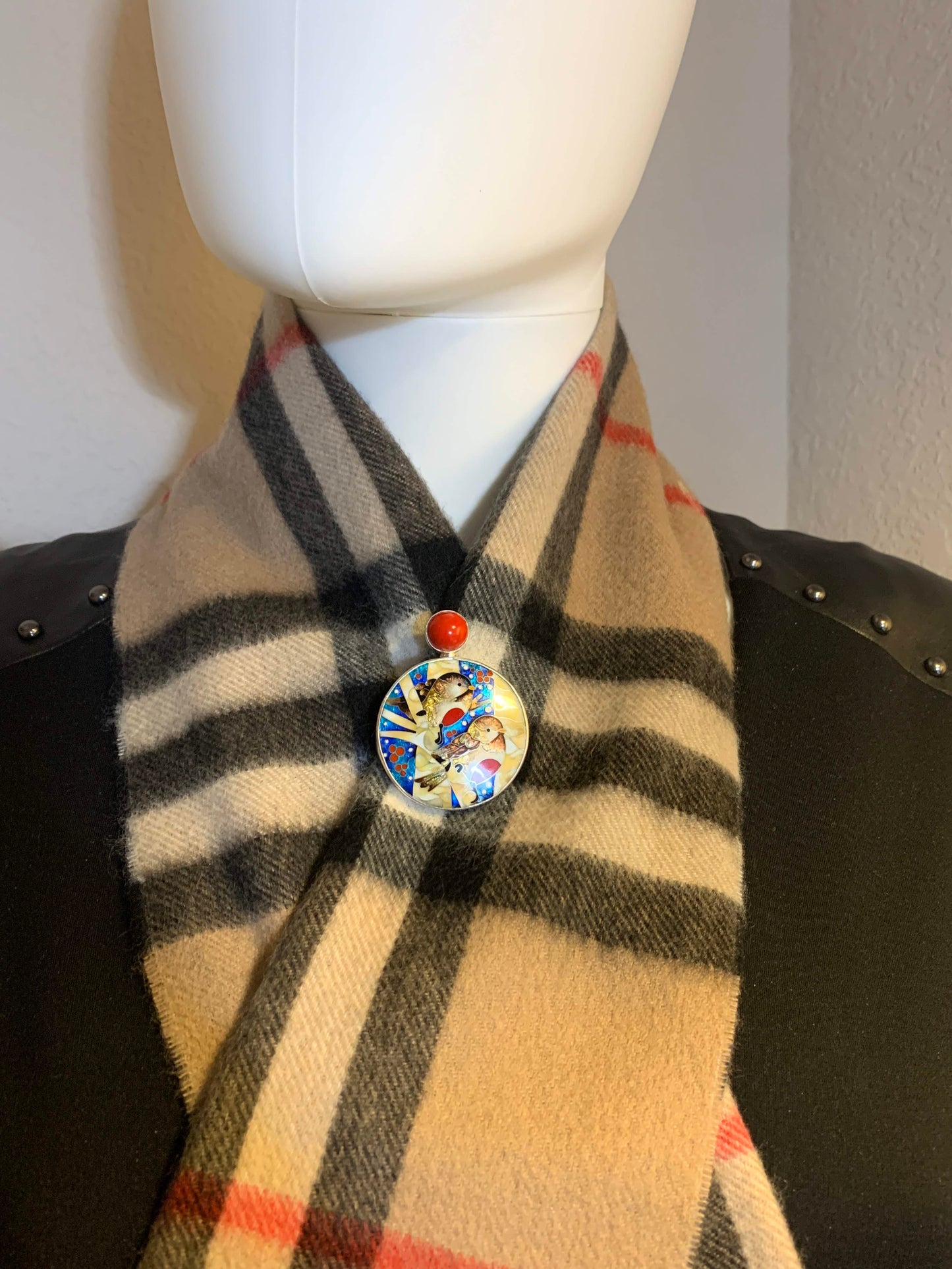 Handmade Cloisonne Glass Enamel Pendant/Brooch Bullfinch Winter Birds - ANARA & CO ENGRAVINGS - ANARA AND CO JEWELRY