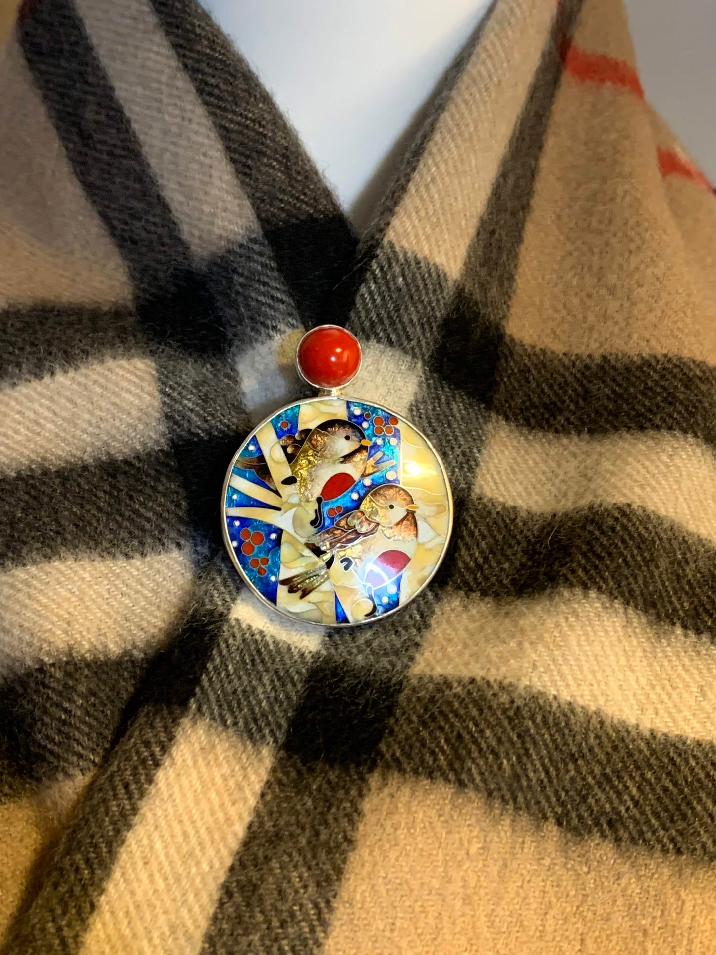 Handmade Cloisonne Glass Enamel Pendant/Brooch Bullfinch Winter Birds - ANARA & CO ENGRAVINGS - ANARA AND CO JEWELRY