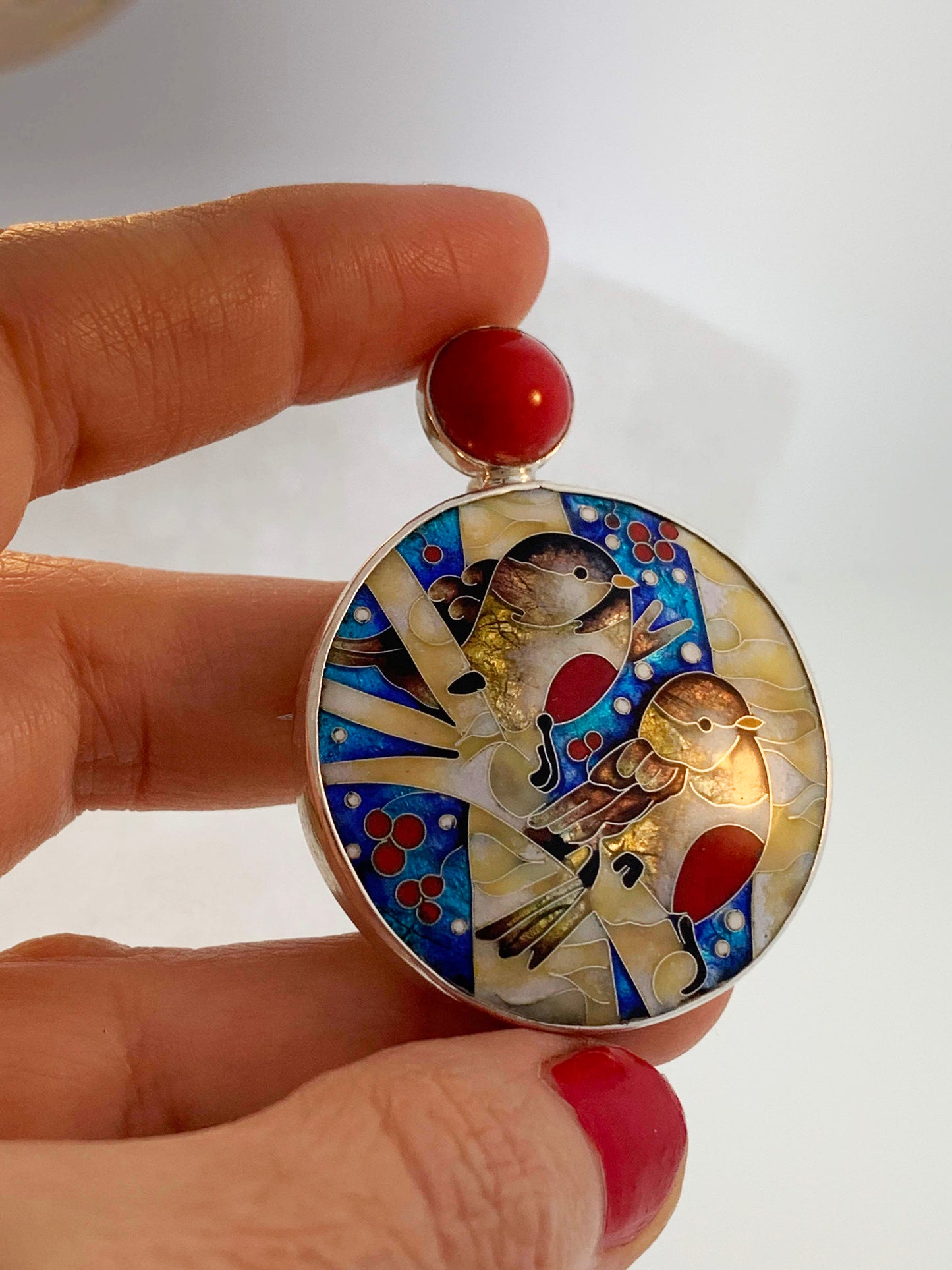 Handmade Cloisonne Glass Enamel Pendant/Brooch Bullfinch Winter Birds - ANARA & CO ENGRAVINGS - ANARA AND CO JEWELRY