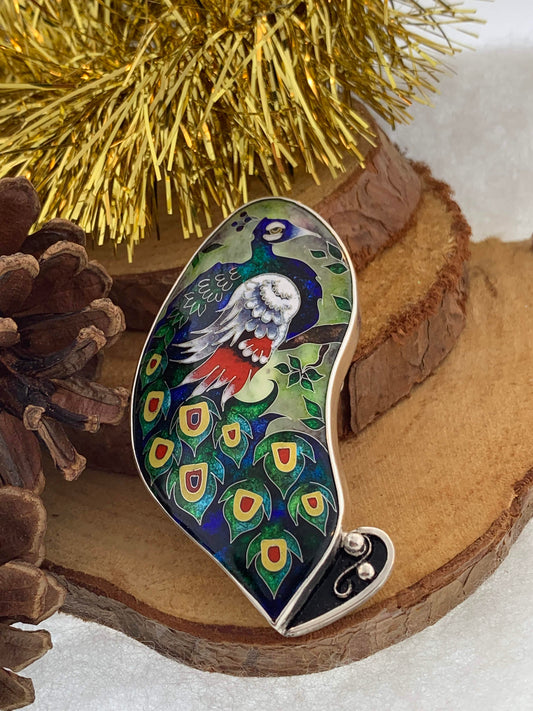 Peacock Handmade Cloisonne Glass Enamel Pendant/Brooch Necklace - ANARA & CO ENGRAVINGS - ANARA AND CO JEWELRY