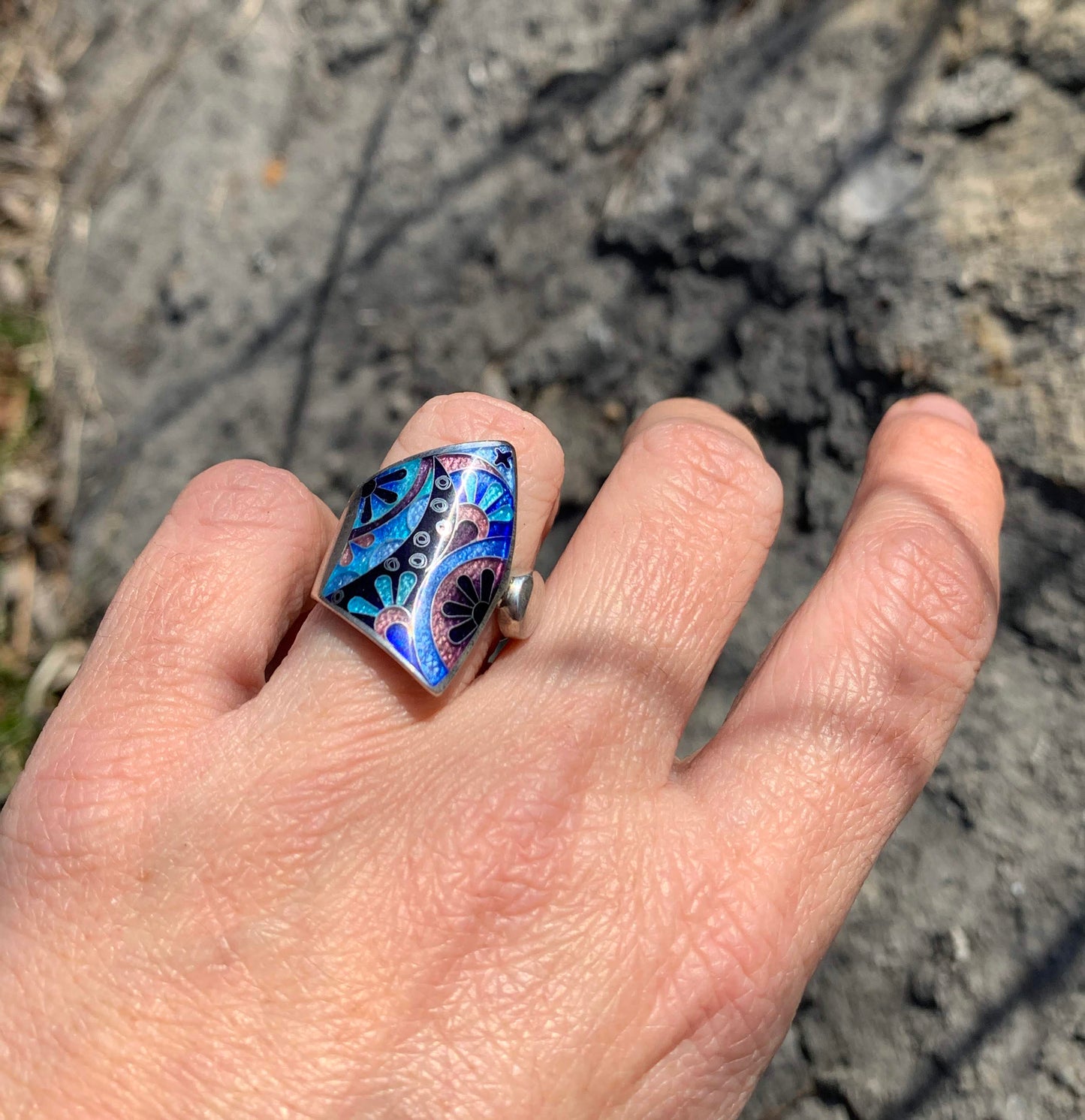 Cloisonne Enamel Handmade Ring Blue Fan 7 - ANARA & CO ENGRAVINGS - ANARA AND CO JEWELRY