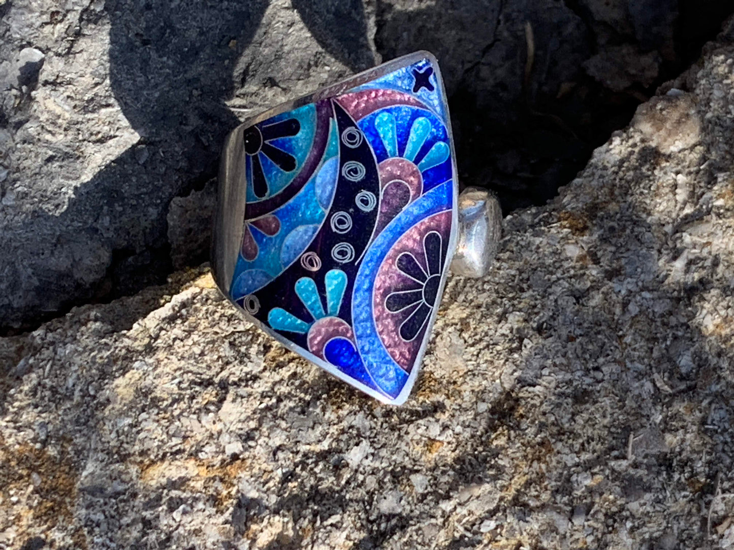 Cloisonne Enamel Handmade Ring Blue Fan 7 - ANARA & CO ENGRAVINGS - ANARA AND CO JEWELRY