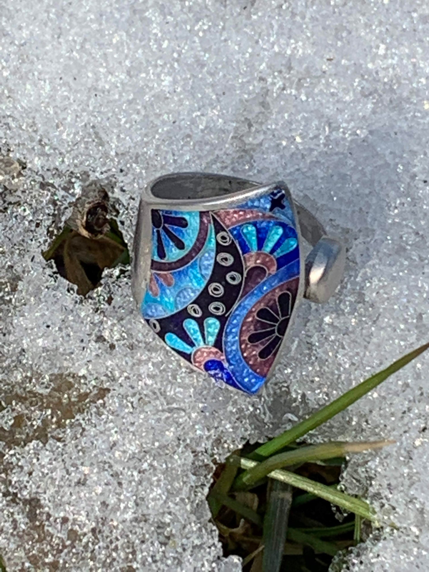Cloisonne Enamel Handmade Ring Blue Fan 7 - ANARA & CO ENGRAVINGS - ANARA AND CO JEWELRY