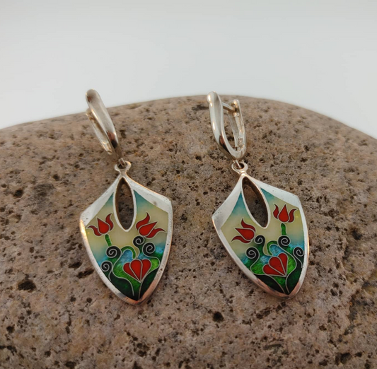 Enamel Cloisonne Earrings Tulips Handmade