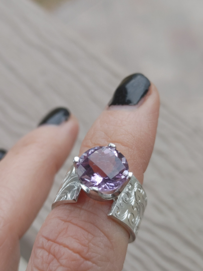 Hand Engraved Amethyst Sterling Silver Ring