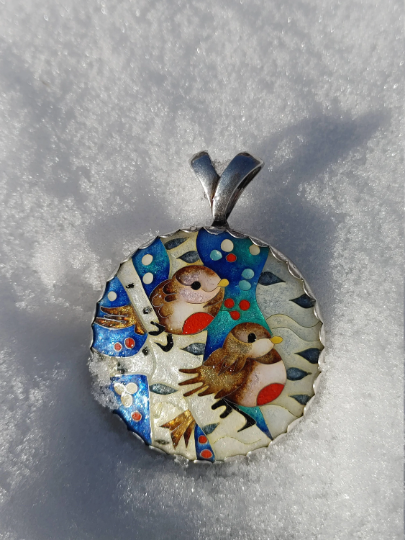 Bullfinch Bird Cloisonne Enamel Pendant Handmade