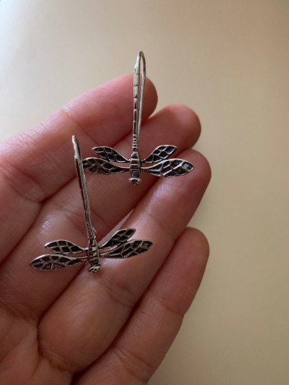 Dragonfly Earrings Sterling Silver Dangle Long - ANARA & CO ENGRAVINGS - ANARA AND CO JEWELRY