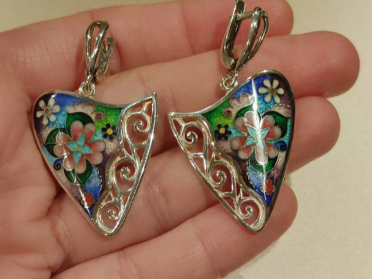 Enamel Cloisonne Earrings Flowers Silver
