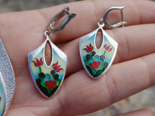 Enamel Cloisonne Earrings Tulips Handmade
