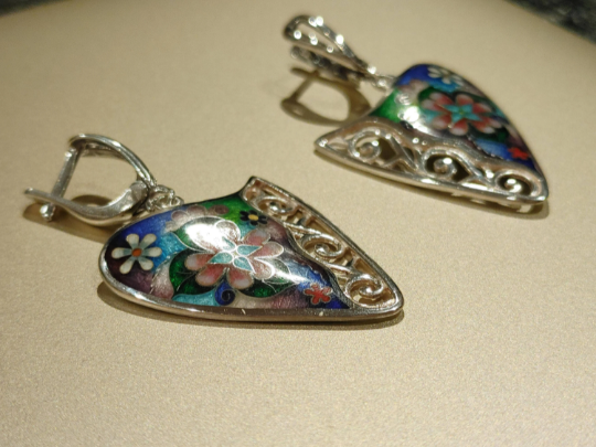Enamel Cloisonne Earrings Flowers Silver