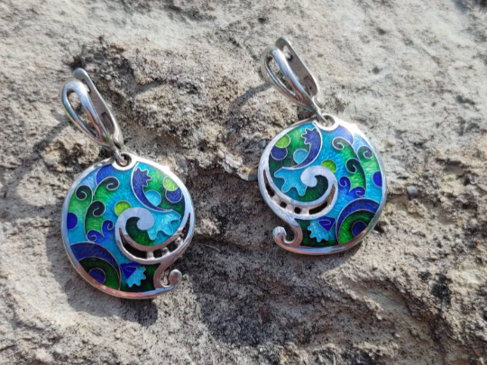 Cloisonne Enamel Earrings Scrolls