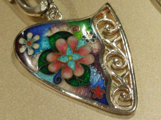 Enamel Cloisonne Earrings Flowers Silver
