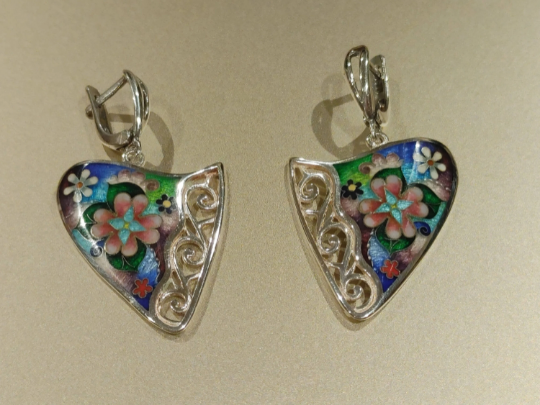 Enamel Cloisonne Earrings Flowers Silver