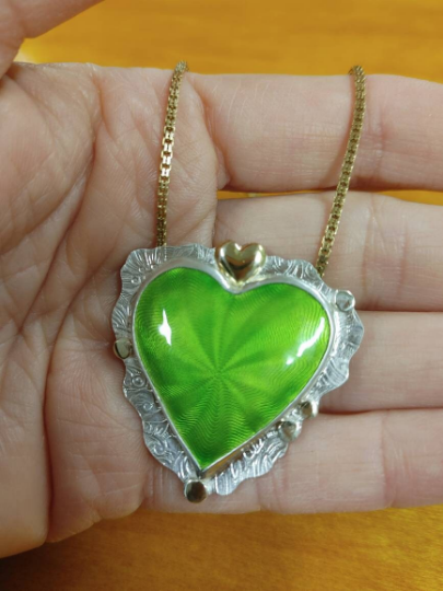 Enamel Guilloche Green Heart Necklace 14K gold Sterling Silver