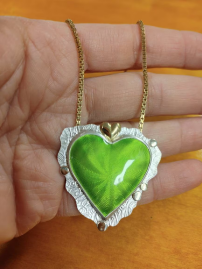 Enamel Guilloche Green Heart Necklace 14K gold Sterling Silver