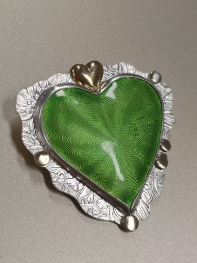 Enamel Guilloche Green Heart Necklace 14K gold Sterling Silver