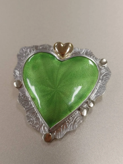 Enamel Guilloche Green Heart Necklace 14K gold Sterling Silver
