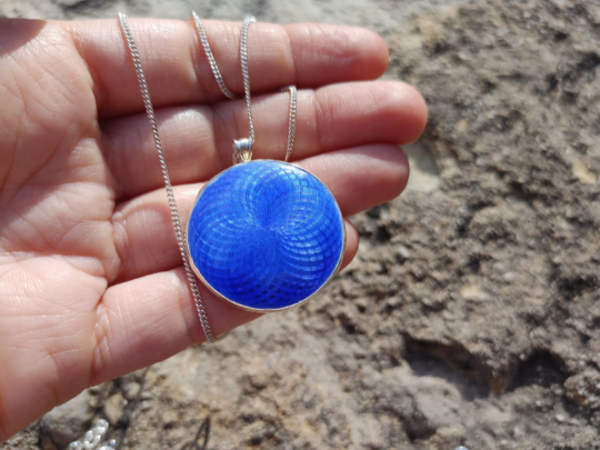 Enamel Guilloche Pendant With Sapphire Necklace