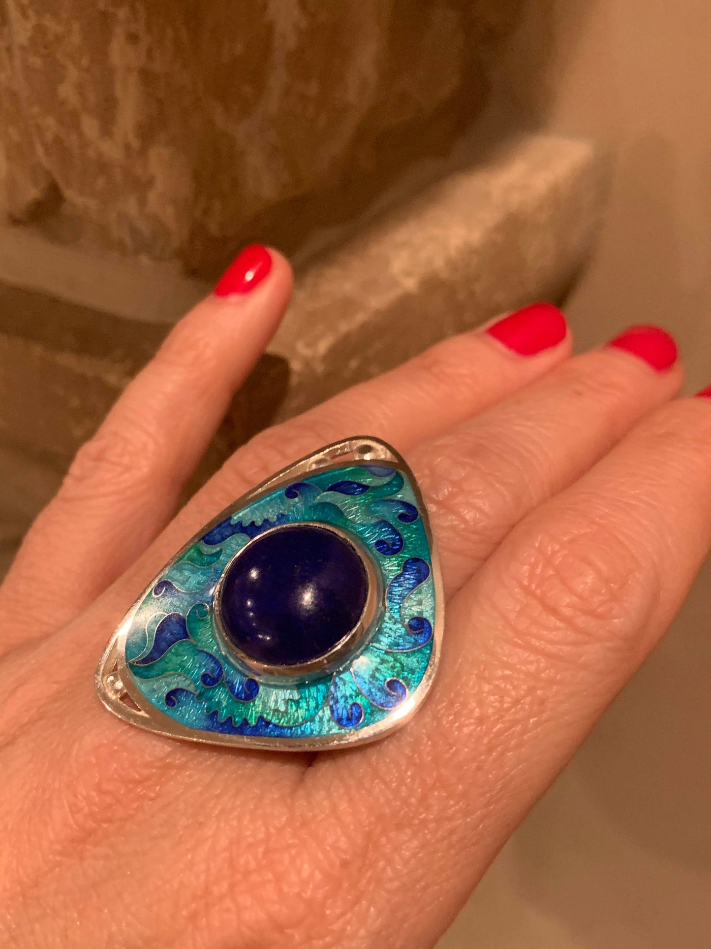 Enamel Cocktail Ring Handmade Ring Cloisonne Lapis Lazuli - ANARA & CO ENGRAVINGS - ANARA AND CO JEWELRY