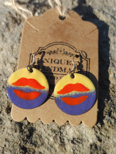 Handmade Enamel Earrings Lips Copper