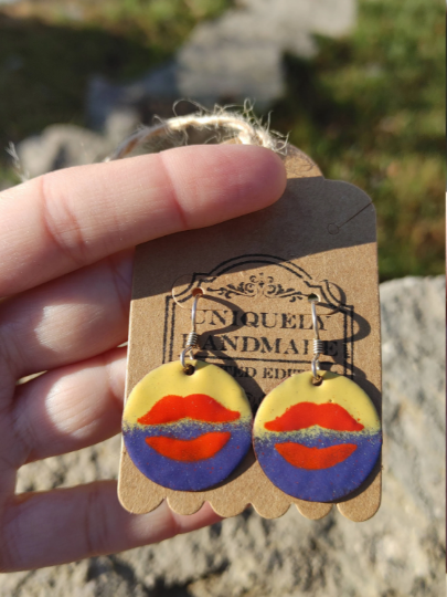 Handmade Enamel Earrings Lips Copper