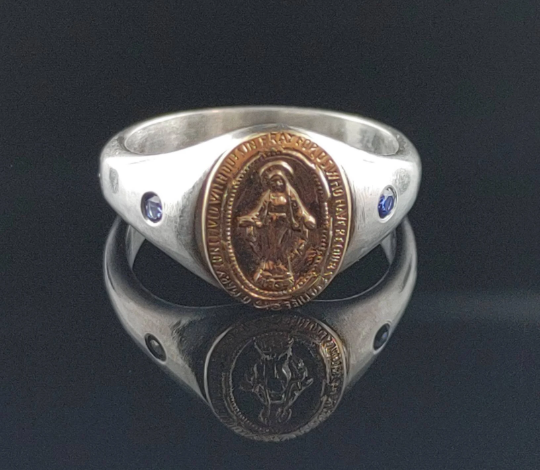 Handmade Sterling Silver Miraculous Medal Virgin Mary Signet Ring