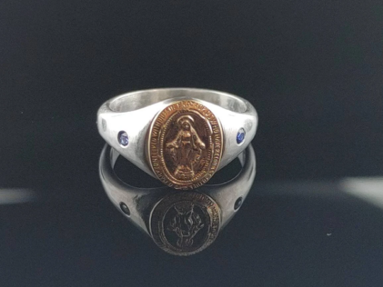 Handmade Sterling Silver Miraculous Medal Virgin Mary Signet Ring