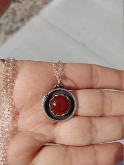 Sterling Silver Ouroboros Snake Necklace With Carnelian Stone