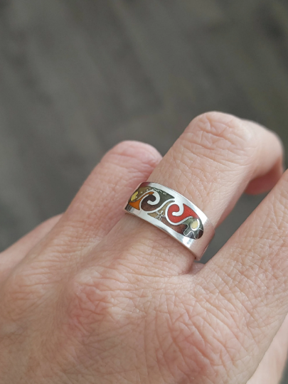 Cloisonne Enamel Ring Handmade Ladies Wide Band