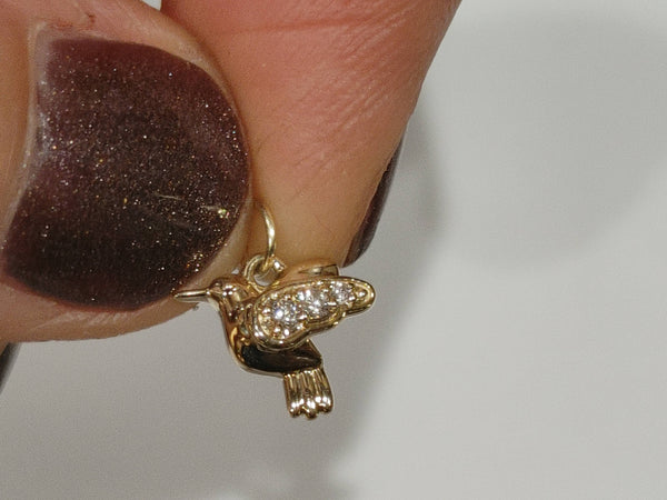 14K Solid Gold Diamond Hummingbird Charm Pendant or Necklace
