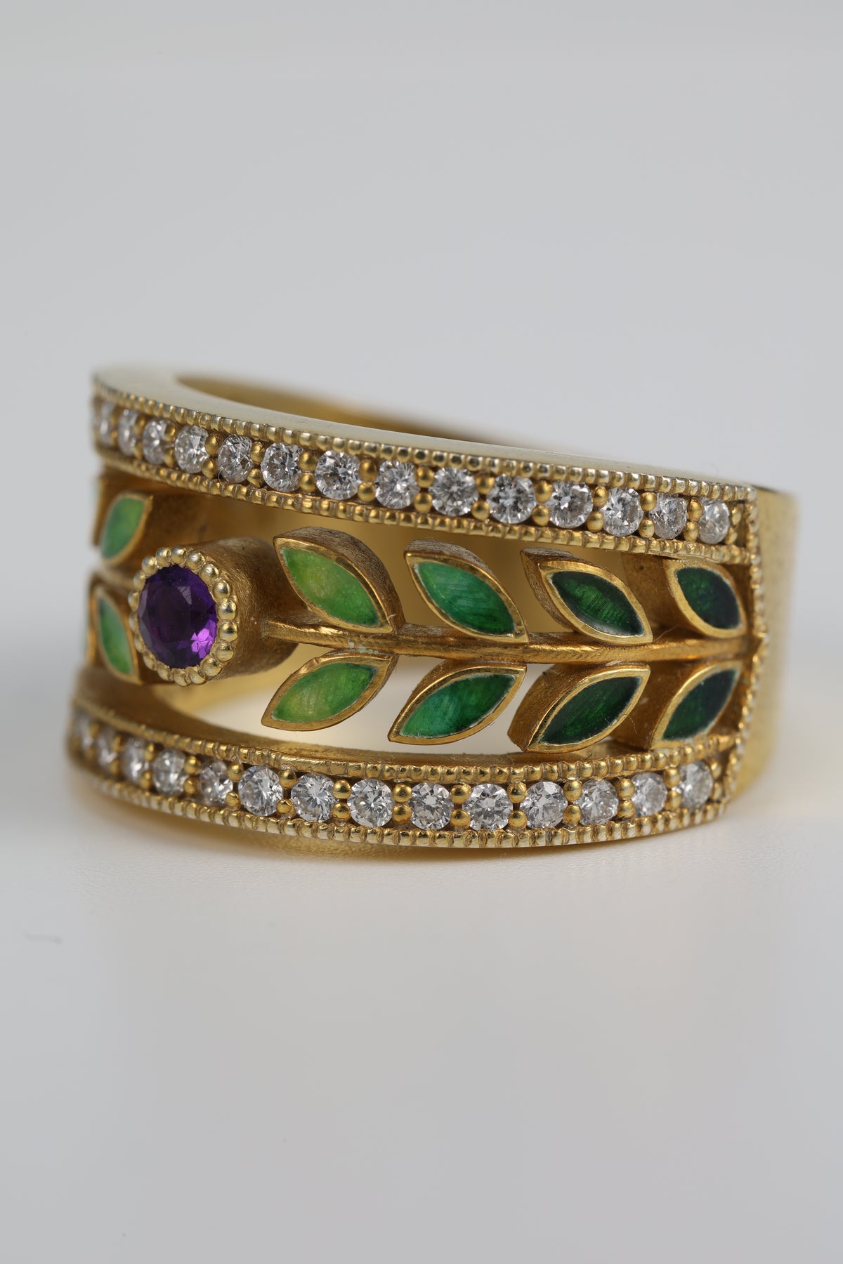 Handmade amethyst and diamond ring with green kiln-fired enamel leaves, 14K yellow gold plated sterling silver