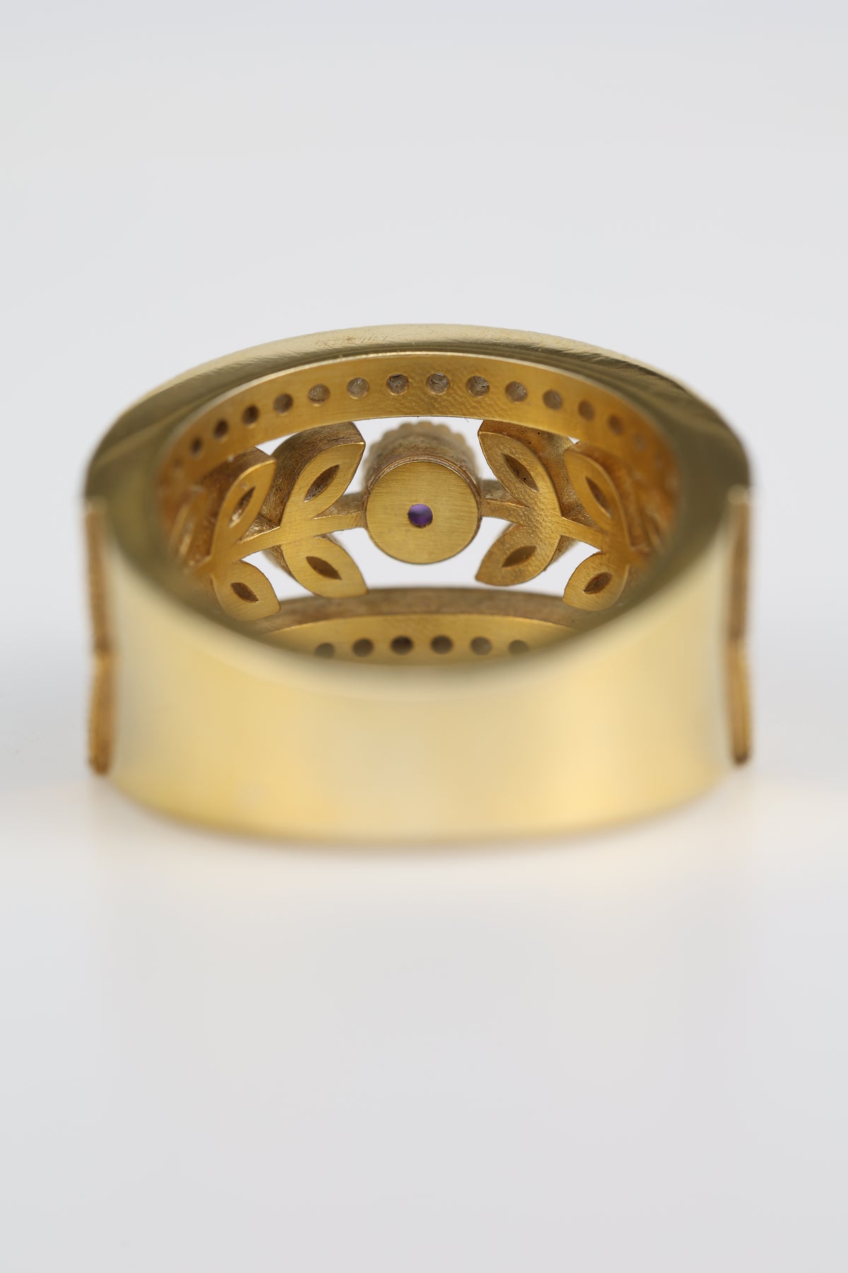 Handmade amethyst and diamond ring with green kiln-fired enamel leaves, 14K yellow gold plated sterling silver