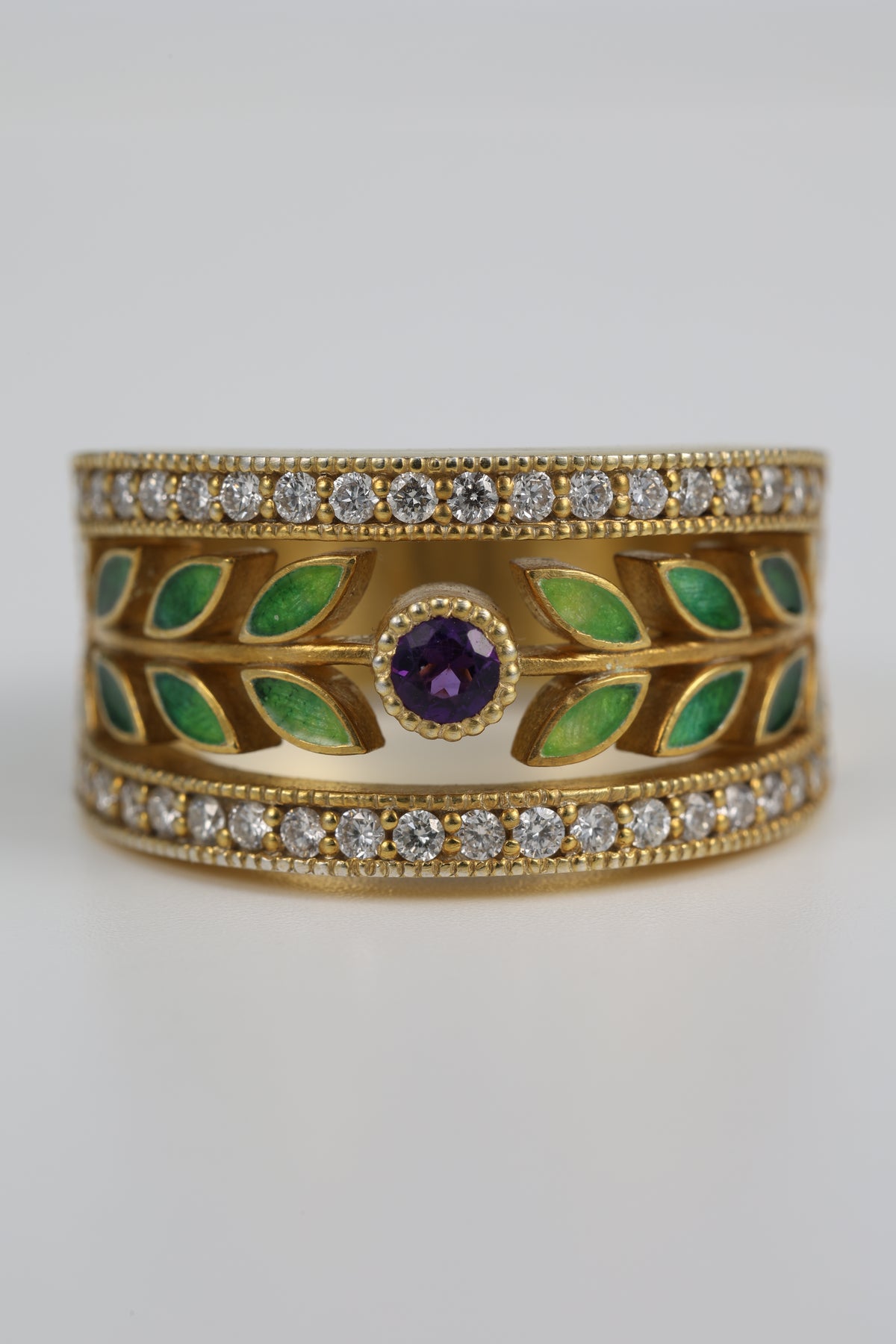 Handmade amethyst and diamond ring with green kiln-fired enamel leaves, 14K yellow gold plated sterling silver
