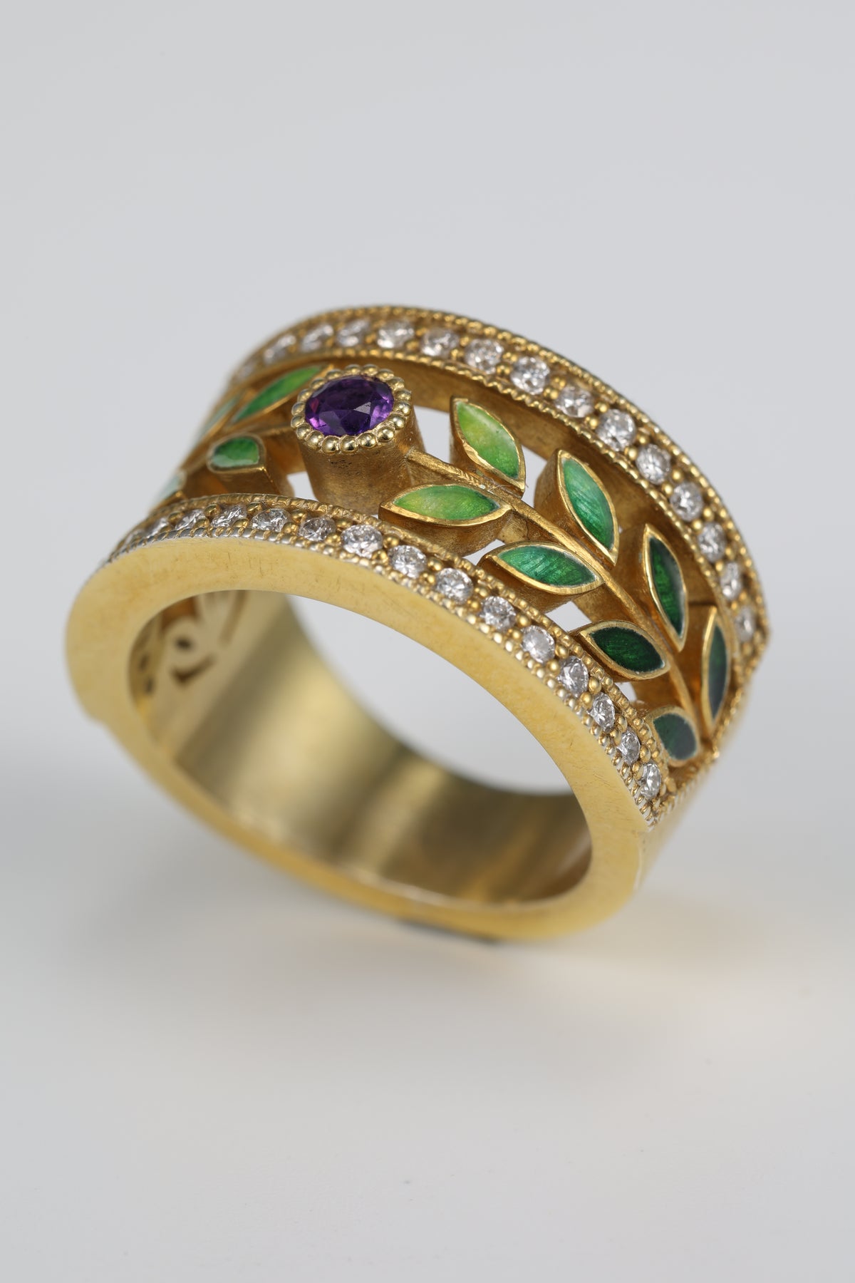 Handmade amethyst and diamond ring with green kiln-fired enamel leaves, 14K yellow gold plated sterling silver
