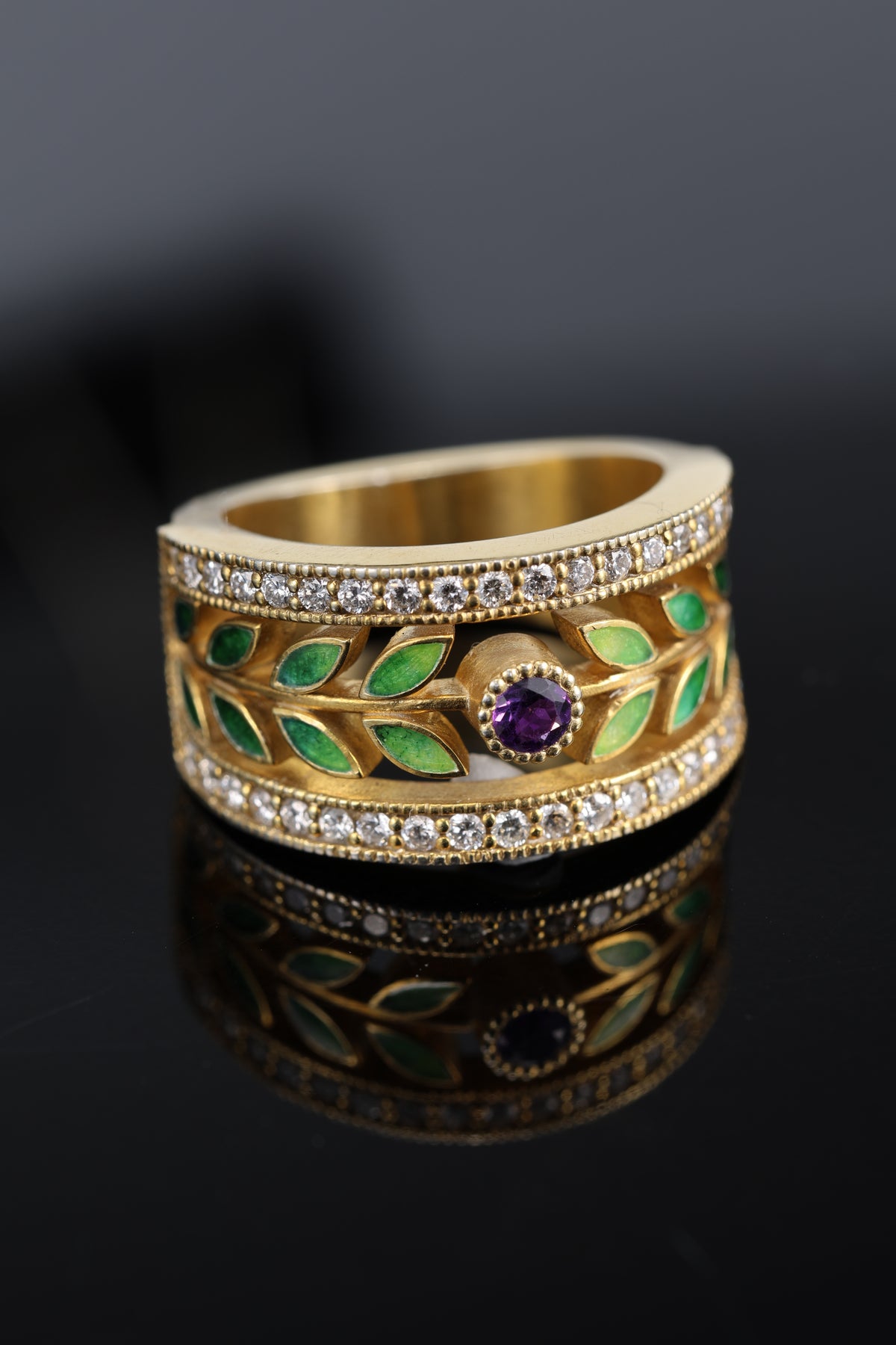Handmade amethyst and diamond ring with green kiln-fired enamel leaves, 14K yellow gold plated sterling silver