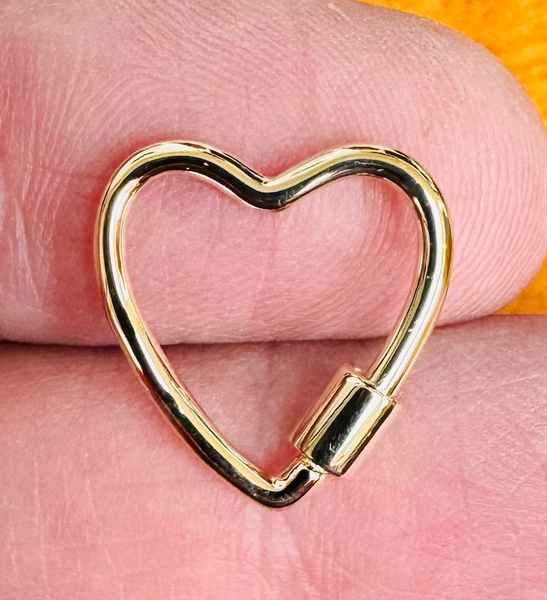 10K Gold Heart Charm Bail Clasp Carabiner For Necklaces Paperclip Chains
