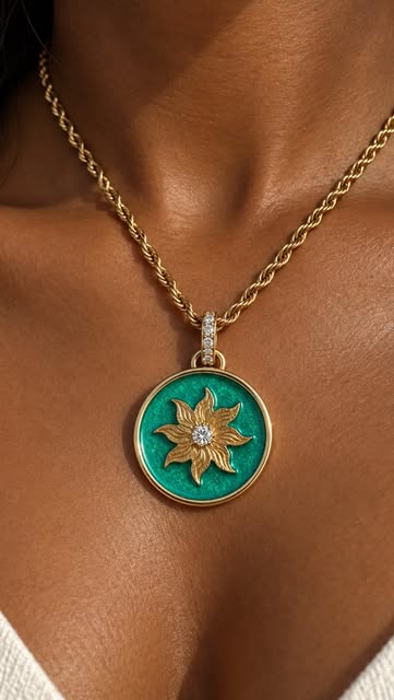 Turquoise enamel pendant with gold floral detail, worn on a gold chain