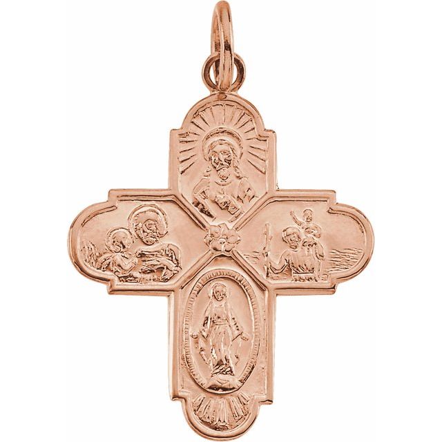 Four-way cross medal pendant front in 14K rose gold