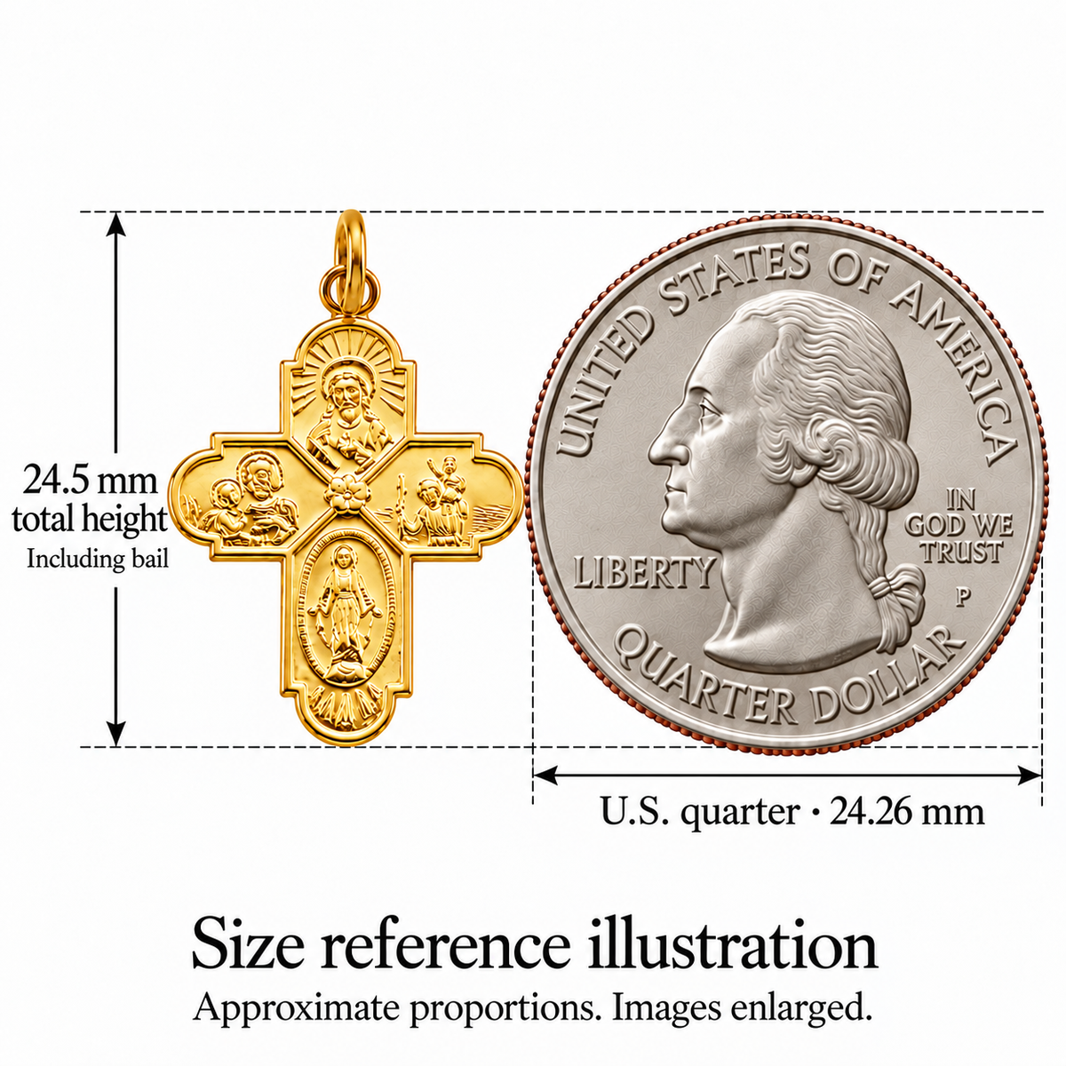 Size reference illustration: four-way cross medal total height 24.5 mm including bail beside a 24.26 mm U.S. quarter; approximate proportions