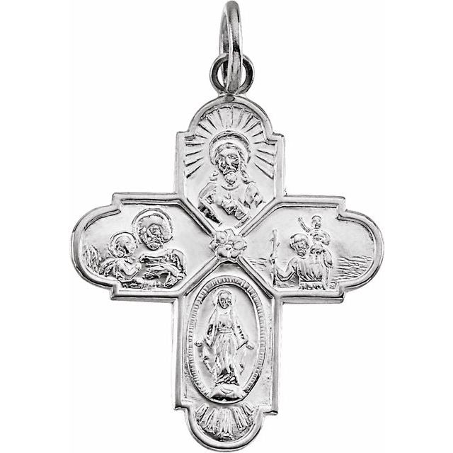 Four-way cross medal front, supplier white-metal rendering for sterling silver and 14K white gold