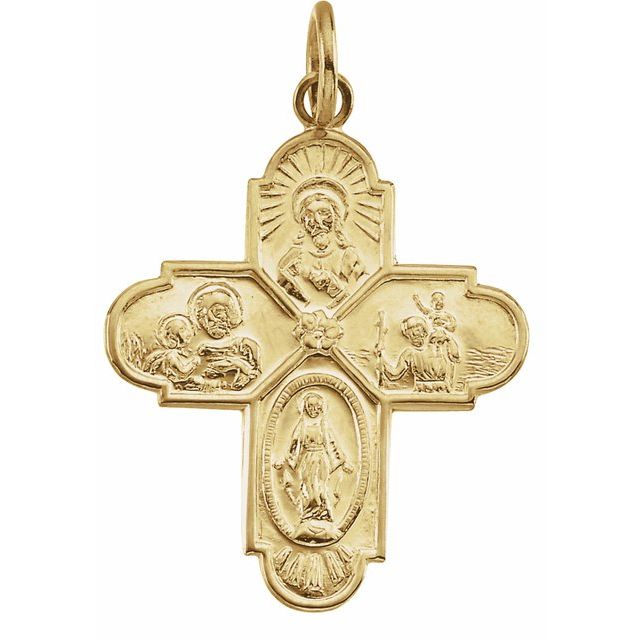 Four-way cross medal pendant front in 14K yellow gold