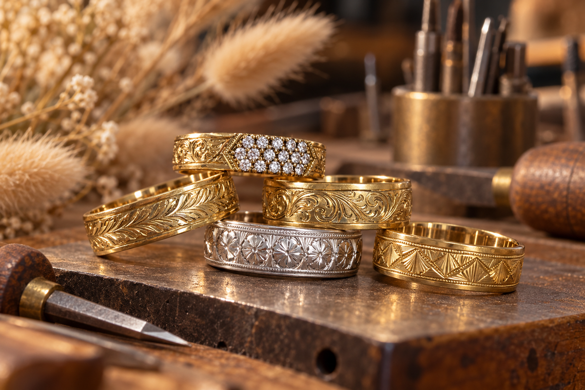 Gold and silver hand engraved bands on a jeweler's workbench