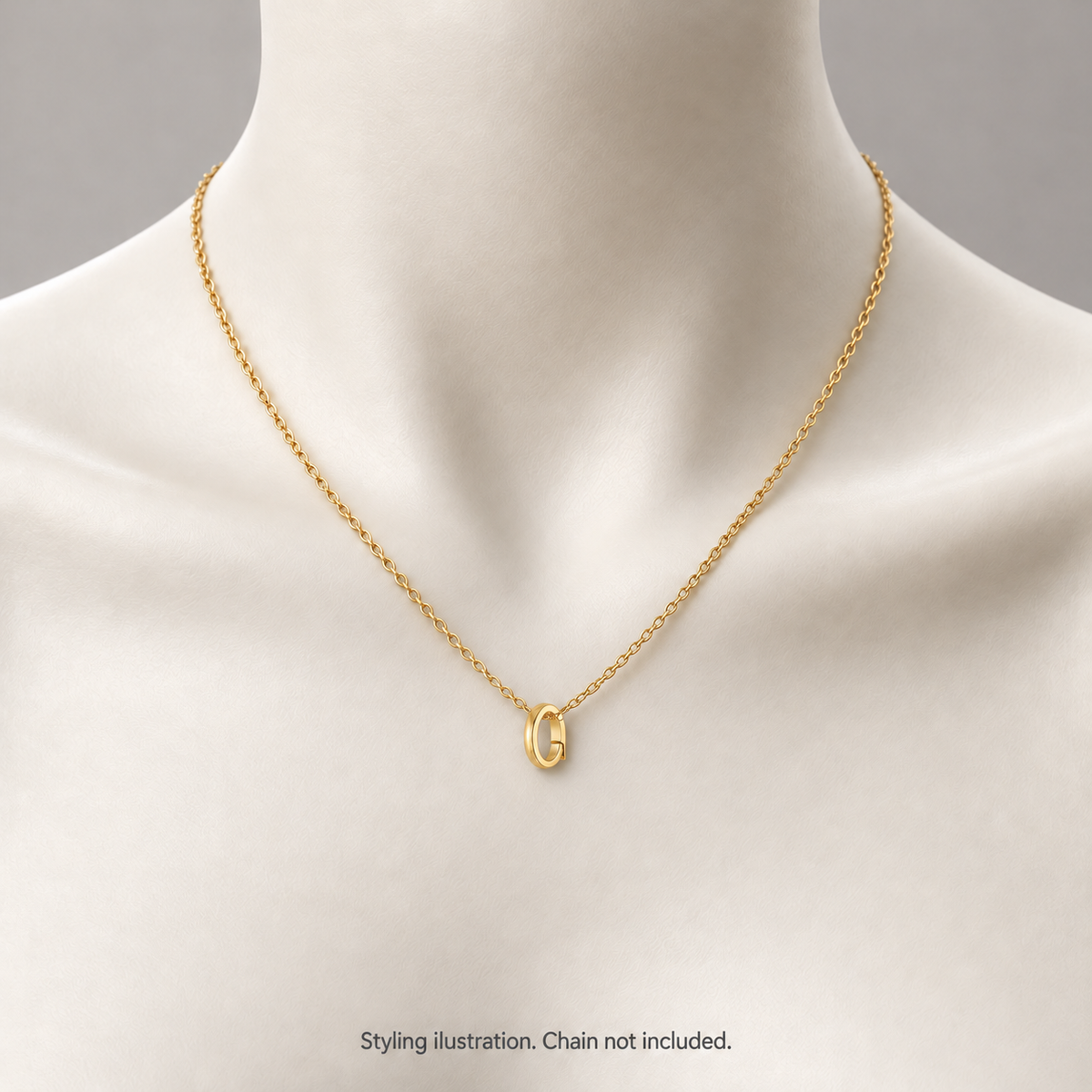 Styling illustration of a yellow gold hinged oval charm bail on a fine gold chain around an ivory mannequin neck. Chain not included.