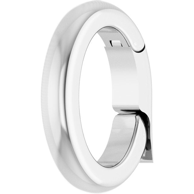 Angled view of white metal oval charm bail showing the inner hinged clasp